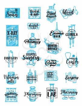 Medicine icons with lettering, health care service. Vector scan and X-ray, blood packs and dental care, pharmacy and enema, clinic and dentistry. Drugstore and surgery, vitamin and ECG, diagnostic lab