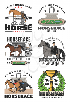 Horcerace and equestrian sport isolated icons, jockey school. Vector racecourse and obstacles, equestrian on stallion and trophy cup with wreath, lucky horseshoe. Tournament competition with animals