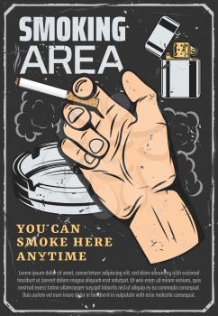 Cigarette and smoking area, retro vector. Male hand holding a cigar, lighter with fuel and glass ashtray, clouds of smoke. Permission to smoke here, habit of nicotine or tobacco addiction