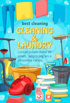 Cleaning service and laundry. Vector washing clothes and housekeeping, jeans and towel on line, basin and rubber gloves. Detergent and sprayer, vacuum cleaner and towels pile, mop and brush, sponge