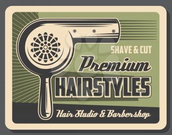 Hairstyles at barbershop, hair dryer. Vector shave and cut services, men beard and mustaches styling. Retro haircut and hairdo by electric appliance hairdryer. Beauty salon, vintage fashion