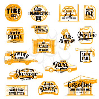 Car repair service icons with lettering. Vector tire fitting and vehicle diagnostic, motor oil and spare parts, security and wash, painting and gasoline. Garage or gas station, taxi and navigation