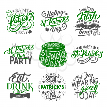 St Patrick Day badge set for irish holiday design. Green clover and shamrock leaf with beer cup or mug, leprechaun hat, gold pot and ribbon banner with wishes of Happy St Patrick Day