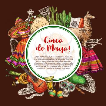 Cinco de Mayo day, Mexican holiday, traditional celebration elements. Vector sombrero and cactus, flag and lama, poncho and avocado. Cigar and maracas, tequila and guitar, flamenco dress and tacos