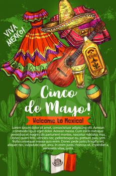 Cinco de Mayo day, Mexican holiday, traditional celebration, travel to Mexico. Vector sombrero and poncho, guitar and tequila, maracas and flamenco dress. National flag, viva Mexico card in sketch style