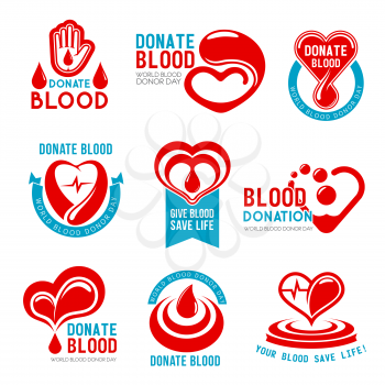 Blood donation and Donor Day icons for social responsibility and charity actions. Vector symbols set of heart and blood drop for World Donation day and volunteering center