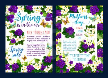 Spring sale offer banner for Springtime season and Mother Day holiday. Flower blossom of white jasmine and purple violet, green leaf and butterfly flyer design for discount card and retail themes