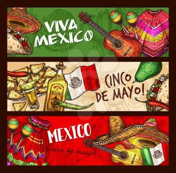 Cinco de Mayo Mexican traditional holiday sketch banners. Vector Cinco de Mayo celebration symbols sombrero, chili pepper jalapeno and tequila, poncho or Mexico fiesta dress with nachos and tacos