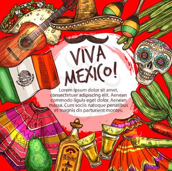 Viva Mexico Cinco de Mayo icons frame. Vector sombrero and poncho, guitar and tequila, maracas and flamenco dress. Cactus and chili pepper, skull with ornament, national flag, mustash and tortilla