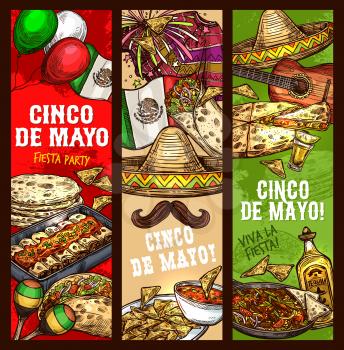 Cinco de Mayo Mexican holiday party and traditional fiesta celebration banners. Vector sketch of Mexico flag and Cinco de Mayo symbols of sombrero, tequila and avocado, maracas and Mexican mustaches