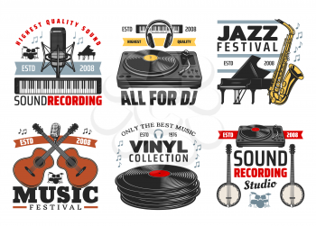 Music festival and sound recording studio icons with musical instruments. Microphone and synthesizer, DJ set and classic piano, saxophone and acoustic guitar, vinyl discs and bonjo vector icons