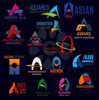Letter A icons, business idenity design. Above all and aquarius, abatement and animation, archery and allergy, aware and auction, architectural and agenda, air and agency, apartment and amelia vector