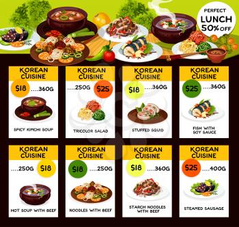 Korean cuisine menu dishes. Spicy kimchi soup or with beef and tricolor salad, stuffed squid and fish with soy sauce, starch noodles with beef and steamed sausage. Vector