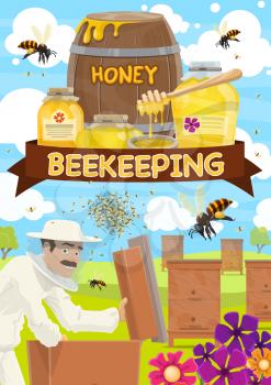 Beekeeping, apiary and beekeeper. Farmer collecting honey from beehive with bees swarm flying around on beekeeping farm. Vector jars and barrels or honeycombs full of natural product