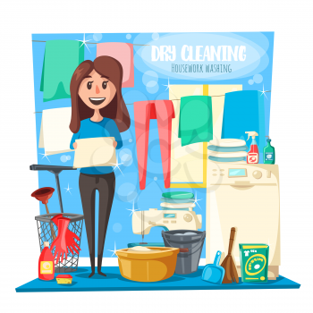 Housework or dry cleaning service, vector. Woman washing clothes and linen, laundry and washer, household tools and mop with basin, duster and broom, rag and gloves, detergent