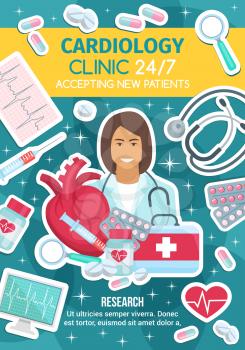 Cardiology clinic and medication treatments of heart diseases. Cardiologist doctor, heart, stethoscope and ecg monitor, medicine bottle with capsules and pills, syringe and first aid kit vector icons
