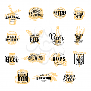 Brewery and beer pub icons. Bottle and mill, hops, barrel, pretzel and fish, crayfish or lobster and wheat spikes, mall and sausage silhouettes, snacks and drinks with vector lettering