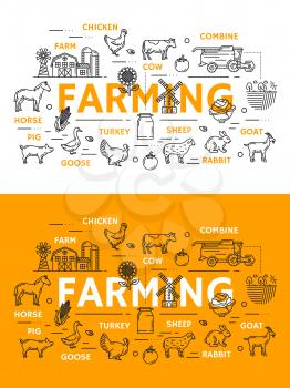 Farming line art posters with outline icons. Farm and chicken, cow and combine, goat and rabbit, sheep and turkey, goose and pig, horse and sunflower, mill and field, cabbage and corn symbols vector