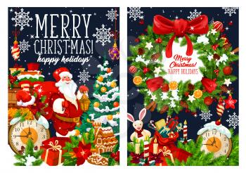 Merry Christmas holiday greeting card. Santa with gifts bag at Christmas tree. Vector stockings on fireplace, snowflakes and ornament or Xmas wreath on blue background