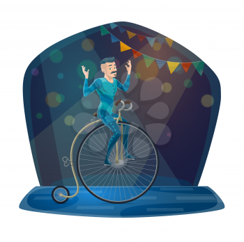 Circus acrobat balancing on vintage bicycle vector icon of carnival show or chapiteau performance design. Gymnast in blue costume riding retro bike or unicycle on arena with festive lights and flags