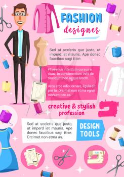 Fashion designer profession vector design of tailoring or sewing service. Tailor or dressmaker occupation poster with needle, thread and scissors, dress and mannequin, craft workshop or atelier studio
