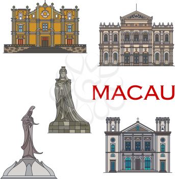 Travel landmarks of Macau vector icons. Cathedral of the Nativity of Our Lady, Statues of Chinese sea Goddess Mazu and Goddess Kun Iam in A-Ma Temple, Holy House of Mercy and St Josephs Church