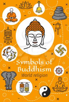 Buddhism religious symbols vector poster with oriental religion thin line icons. Buddha, buddhist and yoga, lotus, tibetan monk and dharma wheel, fishes, yin yang and prayer wheels, ritual bell, stupa