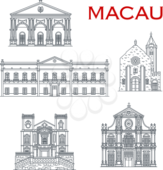 Chinese travel landmark vector icons with asian architecture of Macau. Penha Church, Dom Pedro Theatre and Leal Senado Building, St Lawrence and St Dominic Churches. Oriental tourism design