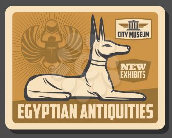 Egyptian antiquities retro poster with vector statue of antique God Anubis and sacred scarab beetle with sun disk and wings. Ancient Egypt travel, African museum exhibition invitation design