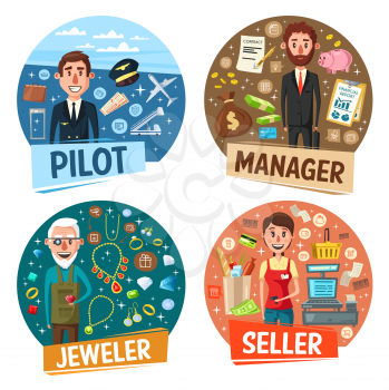 Profession, pilot and manager, jeweler and seller. Vector airplane and aviator, money and businessman, goldsmith and rings, saleswoman and cash counter. Occupation or vacancy, workers hiring