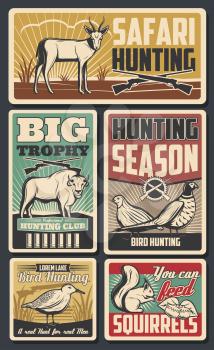Hunting season, feathered birds and horned animals. Vector safari hunt, trophies deers and bison, pheasant. Squirrel with acorns and woodcock. Savanna inhabitants, rifles silhouettes and ammunition