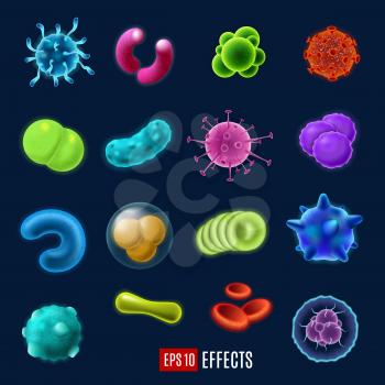 Viruses, germs and bacteria, microorganism types. 3D vector illness or disease microscopic blood cells and infection. Dangerous pathogen, medical research items, virology and microbiology