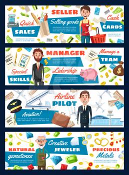 Professions of pilot and manager, jeweler and seller. Vector saleswoman and cash counter, money and businessman, airplane and aviator, goldsmith and rings. Selling, leadership, aviation and gems