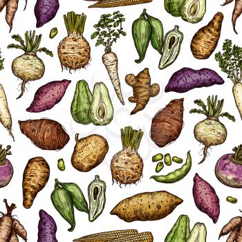 Exotic vegetables and roots seamless pattern. Vector arrakacha and swede, scoroner and chayote, artichoke and pea, mini corn, celery and beetroot, turnip and radish, parsnip and parsley