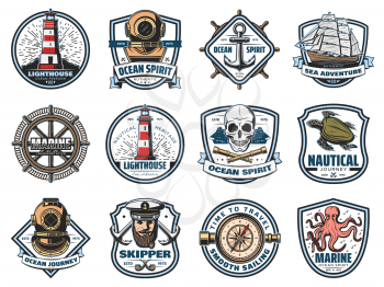 Marine icons, nautical heraldry. Vector lighthouse and beacon, diving helmet and anchor, ship and steering wheel, skull and spyglass. Sea turtle and octopus, skipper and captain, navigation compass