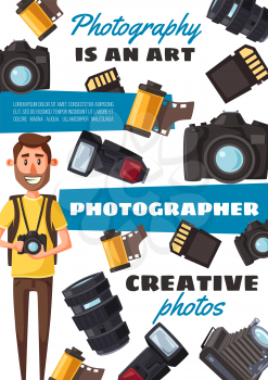 Photo equipment and photographer, vector. Camera and film, lens and flashlight, memory card. Journalist profession, vacancy and hiring, career and creative photography, paparazzi or photocorrespondent