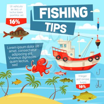 Fishing sport tips, fishers boat and octopus, carp and perch, salmon and trout fish. Hooks and baits, island with palms and sand. Outdoor activity or hobby and fishery equipment