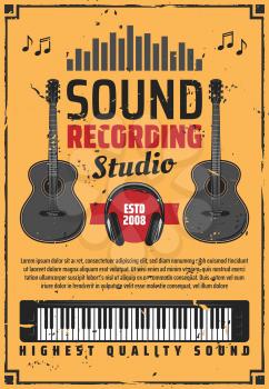 Musical instruments on sound recording studio retro poster, guitars and synthesizer with headphones. Melody and song track record of music album. Headphones and notes vintage leaflet, vector