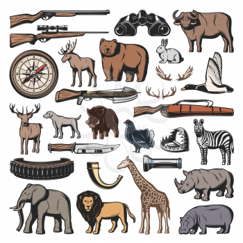 Hunting sport ammunition, vector wild animals and birds. Gun or rifle and knife, crossbow and trap. Bull and giraffe, elk and bear, rabbit and duck, deer and boar, zebra and lion, hippo and elephant