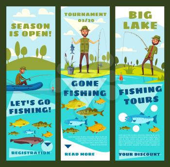 Leisure sport banners with fisherman and fish. Vector fisher on shore or in inflatable boat with rod and catch on lake. Catfish and perch, pike and carp, marlin, salmon and trout