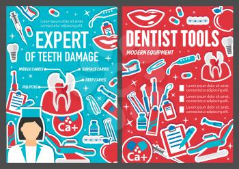 Dentistry poster with dentist doctor and medical tools for oral health. Vector toothbrush and braces, examination chair and healthy smile, toothpaste and pills. Syringe and dental tools