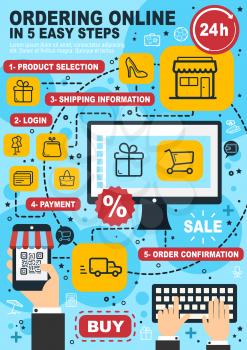 Online shopping, ordering and internet store or web shop. Vector shopping cart, gift and barcode with discount, computer monitor or smartphone buy and pay or delivery application. Modern technology