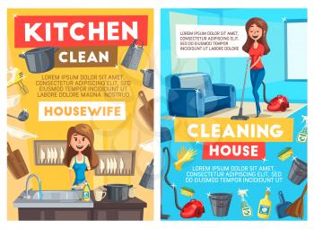 Housework cleaning and dishwashing or cooking, vector banners. Housewife woman with vacuum cleaner or near sink washing dishes, tableware and saucepan in kitchen, bucket and sprayers with sponge