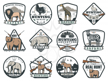 Safari adventure and hunting sport icons, animals and ammunition. Lion and blackcock, giraffe and hare, bear and rhino, zebra and elephant, deer and moose. Cartridge belt and crossbow, rifle and knife