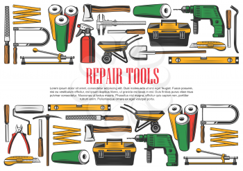 Rpair and construction tools set. Wallpaper rolls and axe, drill and toolkit, file and fretsaw, ruler and spade, wheelbarrow and pliers, jigsaw and nippers, glass cutter instruments