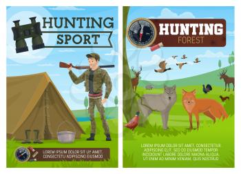 Huntsman, birds and animals, hunting sport. Fox and wolf, duck and grouse, blackcock and badger, elk and deer, wood grouse and badger, sable and marten. Hunter with rifle, binocular and bandolier
