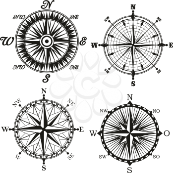 Compass wind rose monochrome icon with north and south direction arrows. Vector retro vintage symbol of maritime nautical navigation compass, marine seafarer navigator