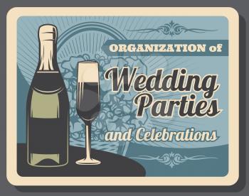 Wedding party and banquet, marriage celebration, champagne bottle and glass. Event arrangement and holiday organization. Vector flowers bouquet in wicker basket, bridal ceremony and engagement parties