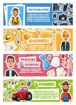 Farmer, photographer or engineer and fashion designer professions. Vector cartoon peoples and work items as photo camera, construction tools, tailoring scissors, sewing machine and farming agriculture
