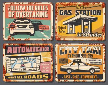Car service, city taxi, gas station and road accident signboard. Vector vintage design of refueeling, overtake road rules, car taxi and navigator map of transportation traffic